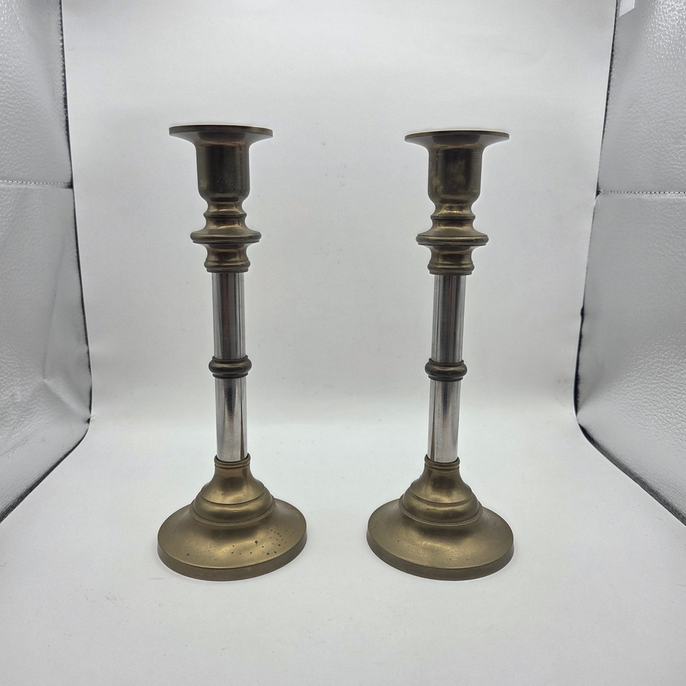 Vintage Brass and Chrome Two Tone Taper Candle Holders Pair 8.5 Inch Mixed Metal